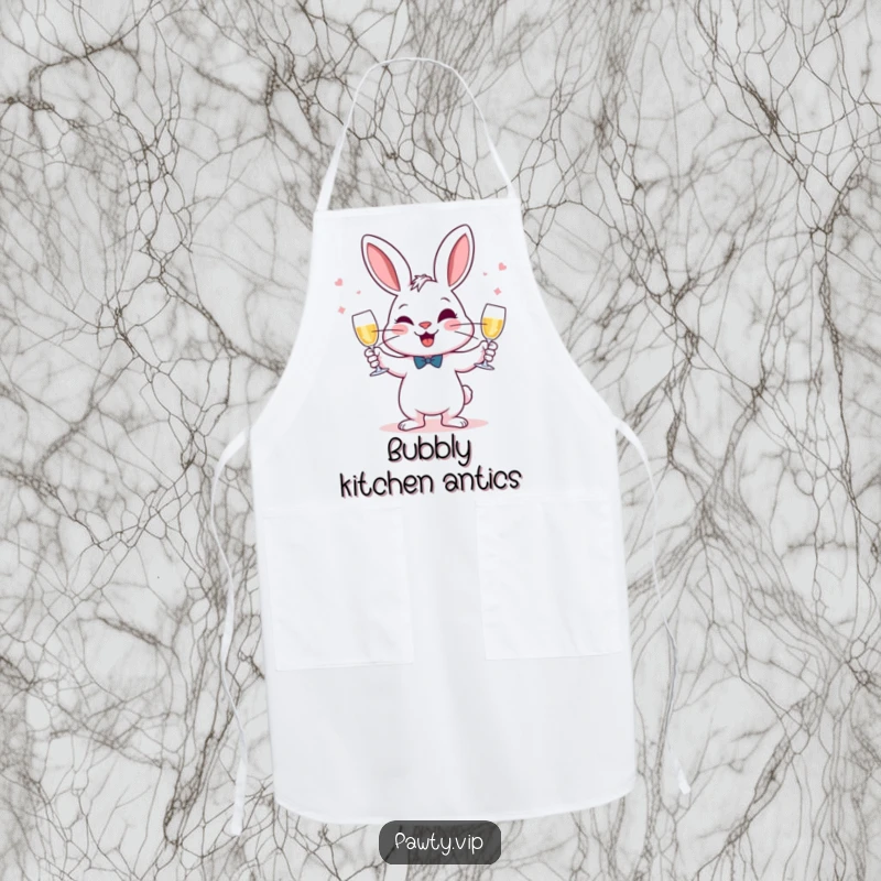 Funny Juggling Rabbit Apron showing a rabbit juggling champagne glasses with a mischievous grin, ideal for playful cooking.