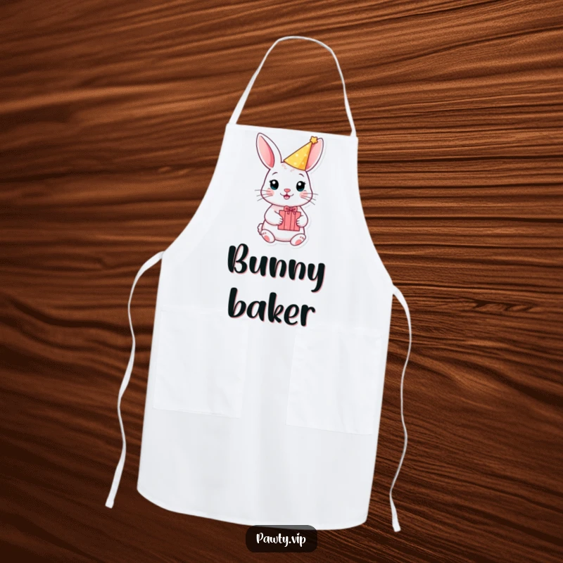 Funny rabbit wearing a party hat and holding a gift box on an apron, ideal for humorous baking.