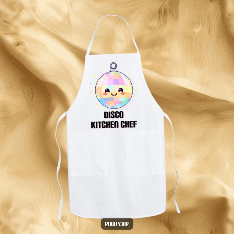 Funny disco ball character with a smiling face and colorful lights, on an apron, perfect for cooking up a storm while grooving to the music.