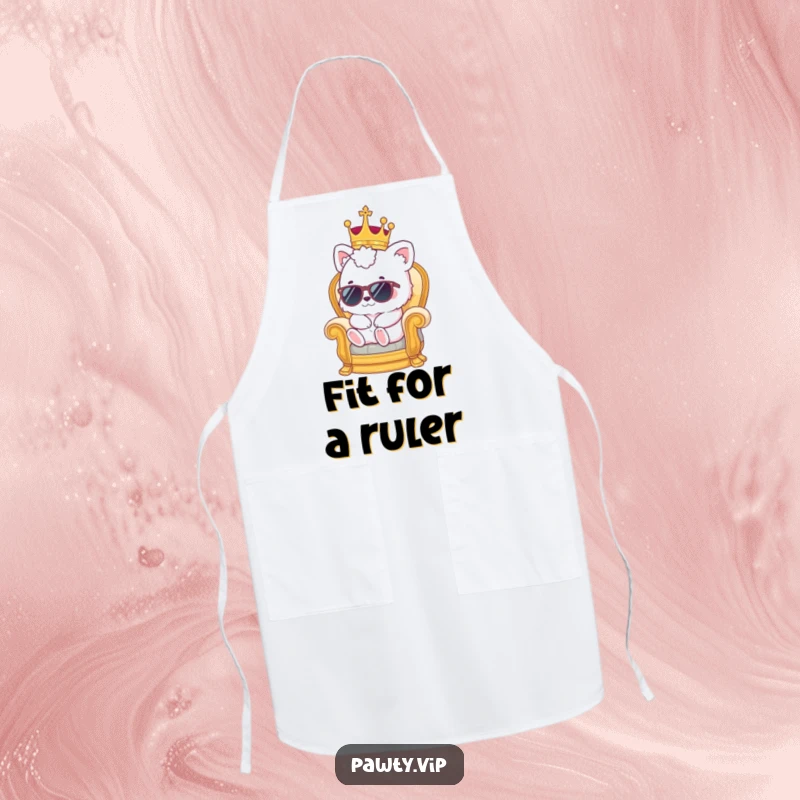 Funny kawaii animal in crown and sunglasses on a throne, a humorous and regal apron for the kitchen.