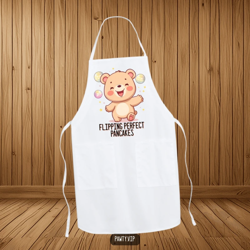 Funny kawaii bear character juggling glittering disco balls, featured on a functional apron to bring humorous party vibes to cooking.