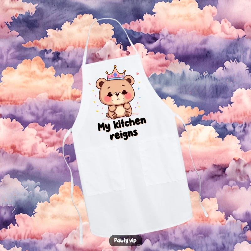 Funny bear queen apron with a sparkly crown, ready to cook up a storm with humorous flair.