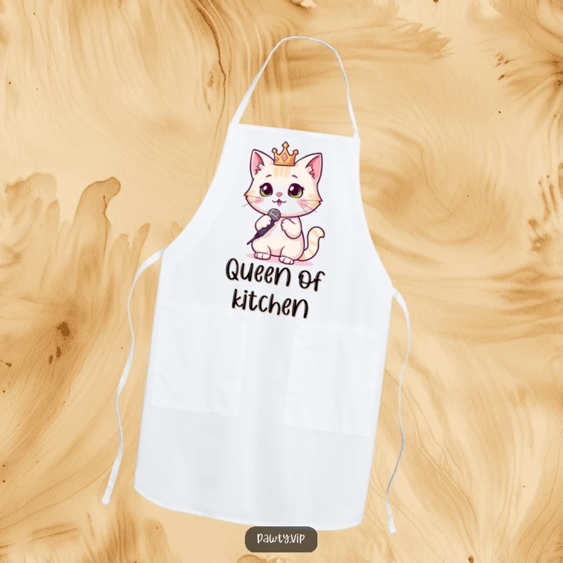Funny Cat Apron showing a cat in a sparkly crown holding a microphone, ready to entertain in the kitchen.
