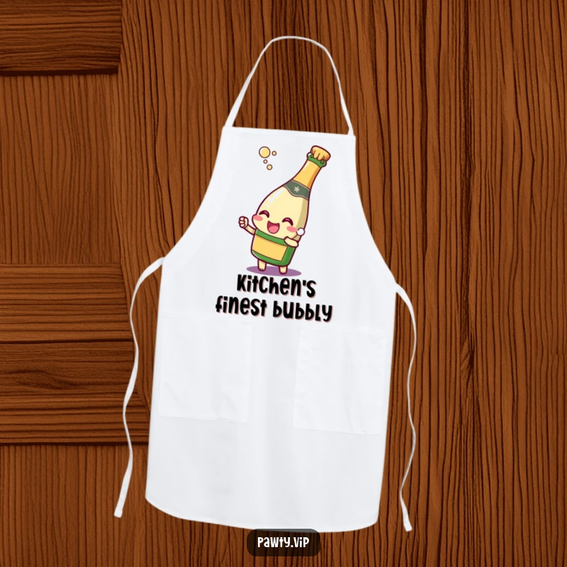 Funny champagne bottle character popping its cork with a joyful expression, on an apron, ideal for cooking up celebrations with a festive spirit.