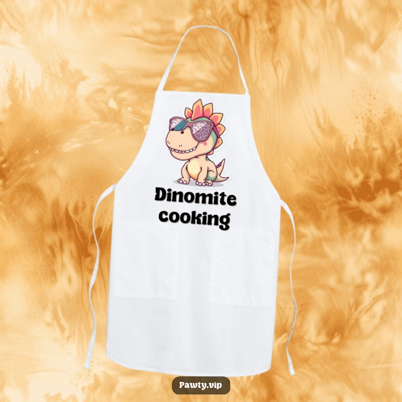Funny dinosaur apron with oversized, sequined sunglasses, showcasing a cool reptile, practical and stylish for cooking.