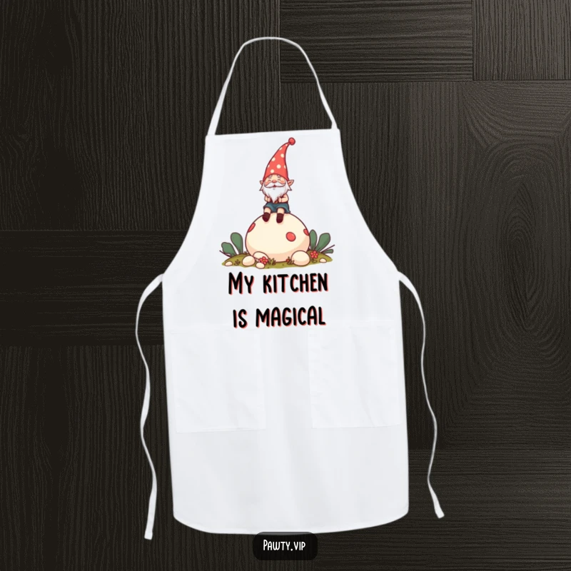 Funny Apron featuring a cheerful gnome wearing a party hat, riding a giant mushroom, perfect for kitchen adventures.