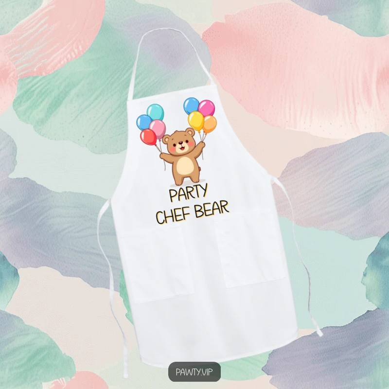 Funny bear character juggling colorful balloons while cooking on an apron, bringing cheerful fun to the kitchen.