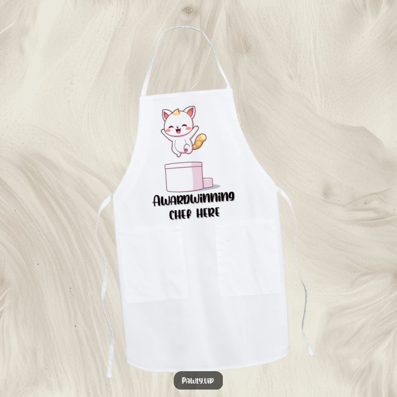 Funny kawaii animal character leaping onto a podium and striking a pose, ready to cook on a funny apron.