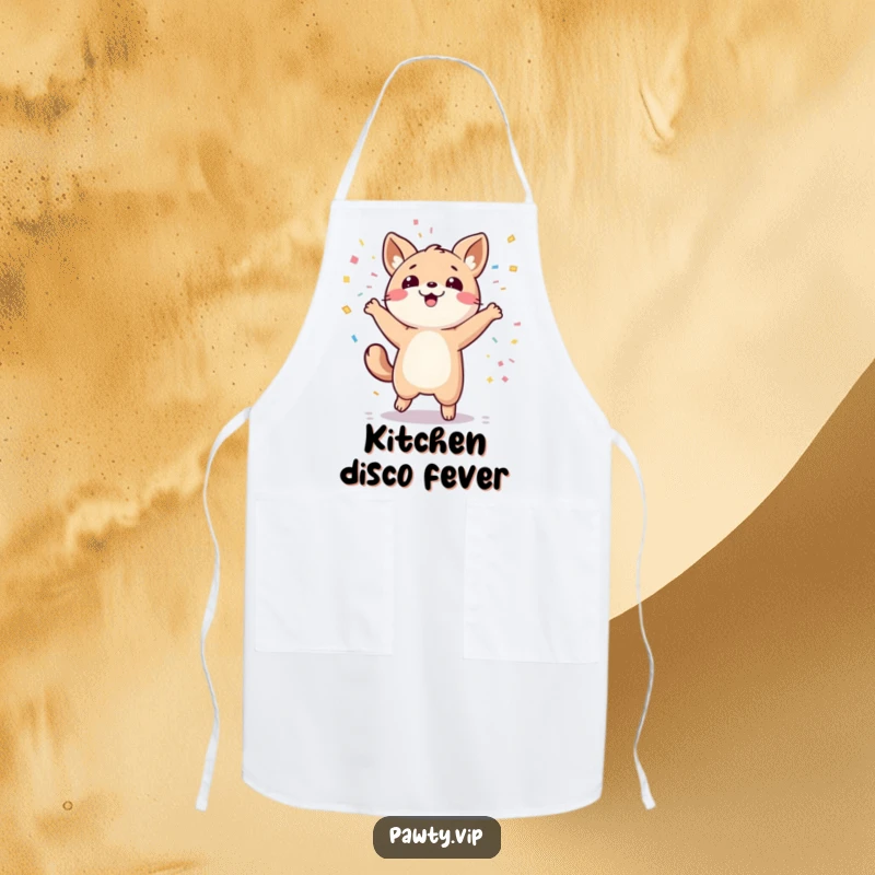 Funny kawaii animal character dancing with confetti, ready to host a party on a funny apron.
