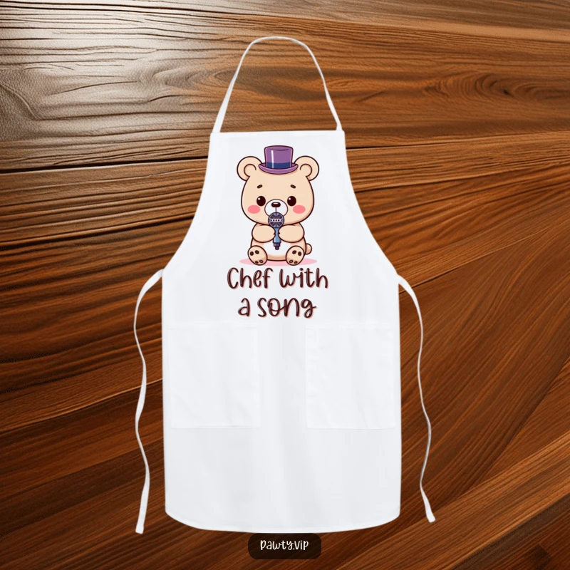 Funny Kawaii bear with a tiny top hat holding a microphone on a kitchen apron, great for cooking.
