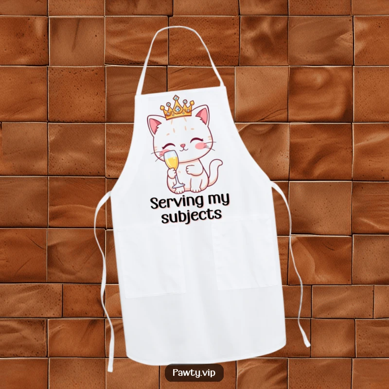 Funny Kawaii cat wearing a sparkling crown and holding a champagne flute, featured on a functional and funny kitchen apron.