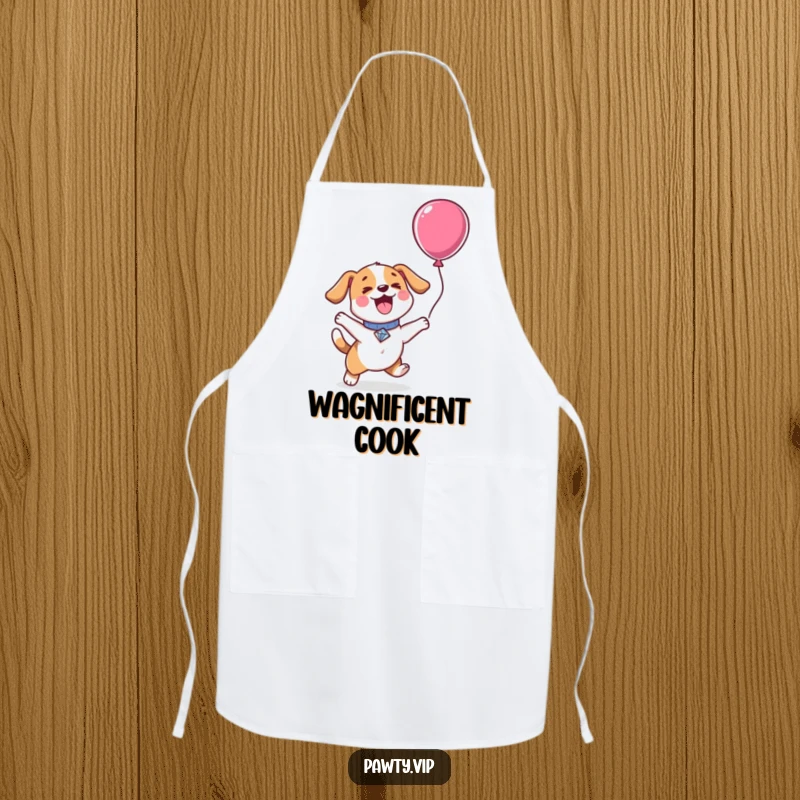 Funny Kawaii dog with a diamond collar, excitedly jumping for a balloon, featured on a functional and funny kitchen apron.