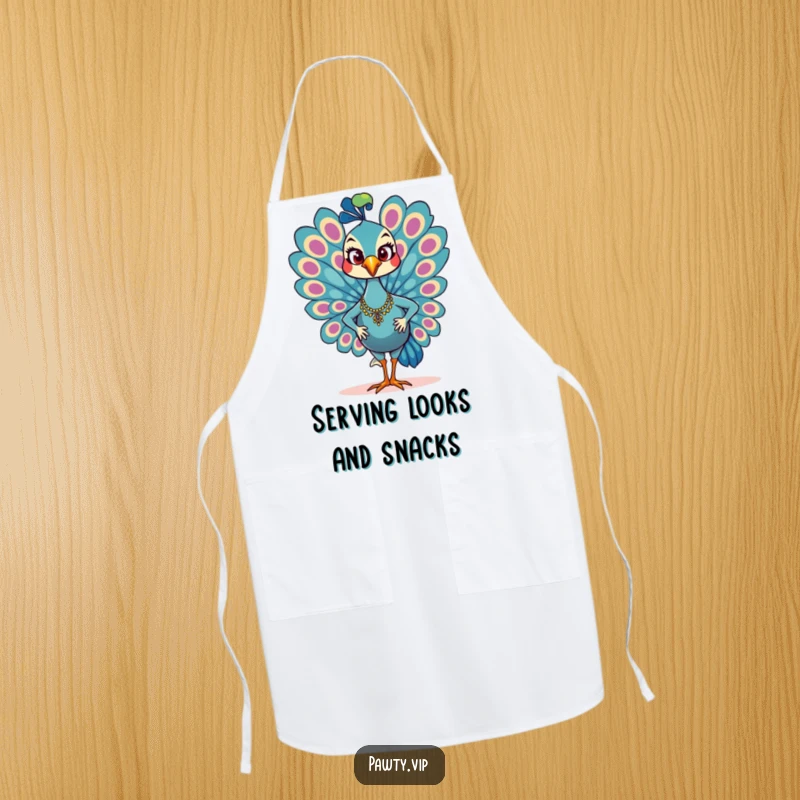 Funny Apron for cooking, featuring a glamorous peacock character strutting confidently while wearing a chef's hat.