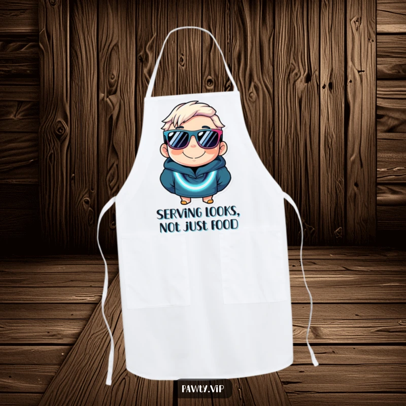 Funny apron showing a character in oversized sunglasses and a flashy neon necklace, ready to add fun to any cooking task.