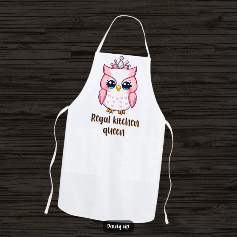 Funny Owl Apron: A delighted owl wearing a jeweled tiara, a humorous and regal accessory for the discerning home chef.