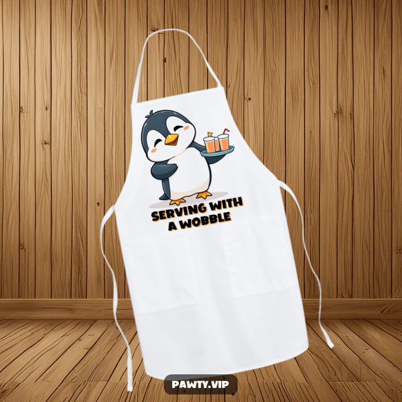 Funny apron with a flustered penguin tripping while holding a tray of drinks, perfect for adding relatable humor to cooking adventures.