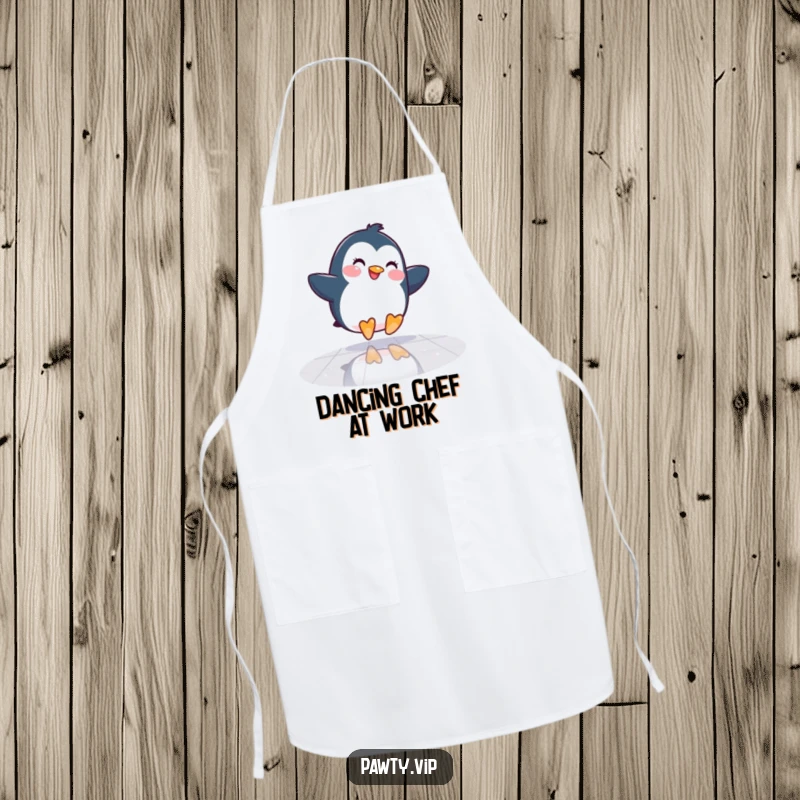Funny Penguin Apron: A happy penguin slides across a mirrored dance floor, a humorous and stylish accessory for the dancing chef.
