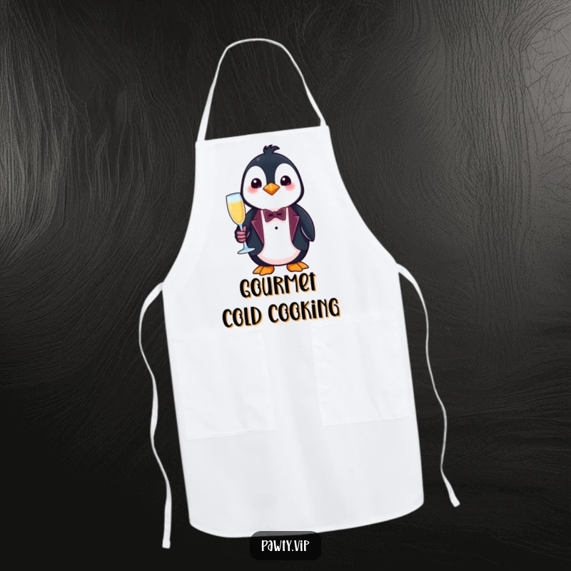 Funny penguin apron, a chef wearing a dapper penguin design in a tuxedo with champagne.