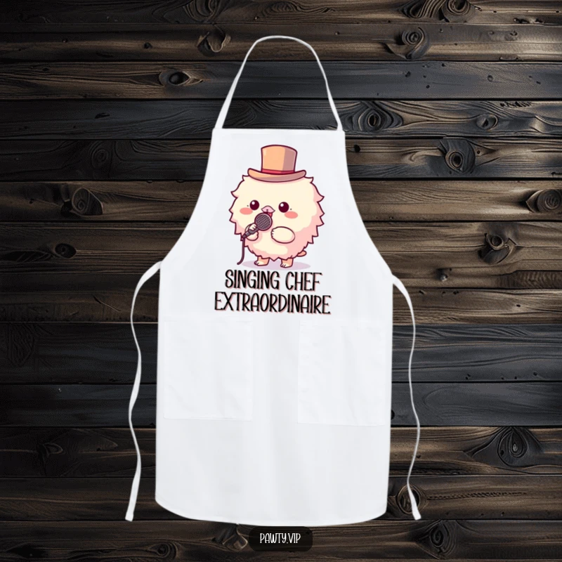 Funny apron with a fluffy creature in a top hat holding a microphone, ready to cook and sing.