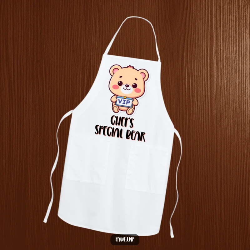 Funny VIP Bear Apron showing a proud bear with a VIP pass, perfect for cooking with exclusive humor and style.
