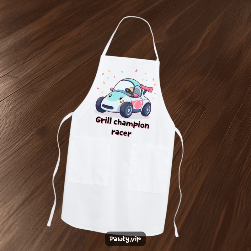 Funny race car apron with colorful confetti streamers, showcasing a happy vehicle, practical and festive for kitchen use.