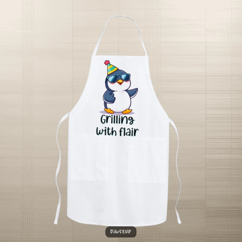 Funny kawaii penguin character wearing a party hat and sunglasses, giving a thumbs up, featured on an apron for humorous cooking.