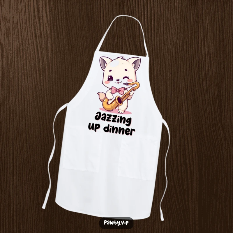 Funny kawaii animal character in a sparkly bowtie playing a saxophone, ready to cook on a funny apron.