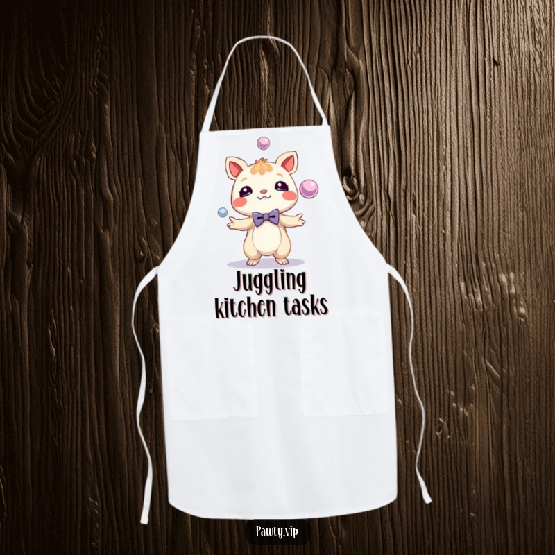 Funny Apron featuring a dapper creature in a tiny bow tie, juggling shiny spheres. Stylish and humorous kitchen wear.