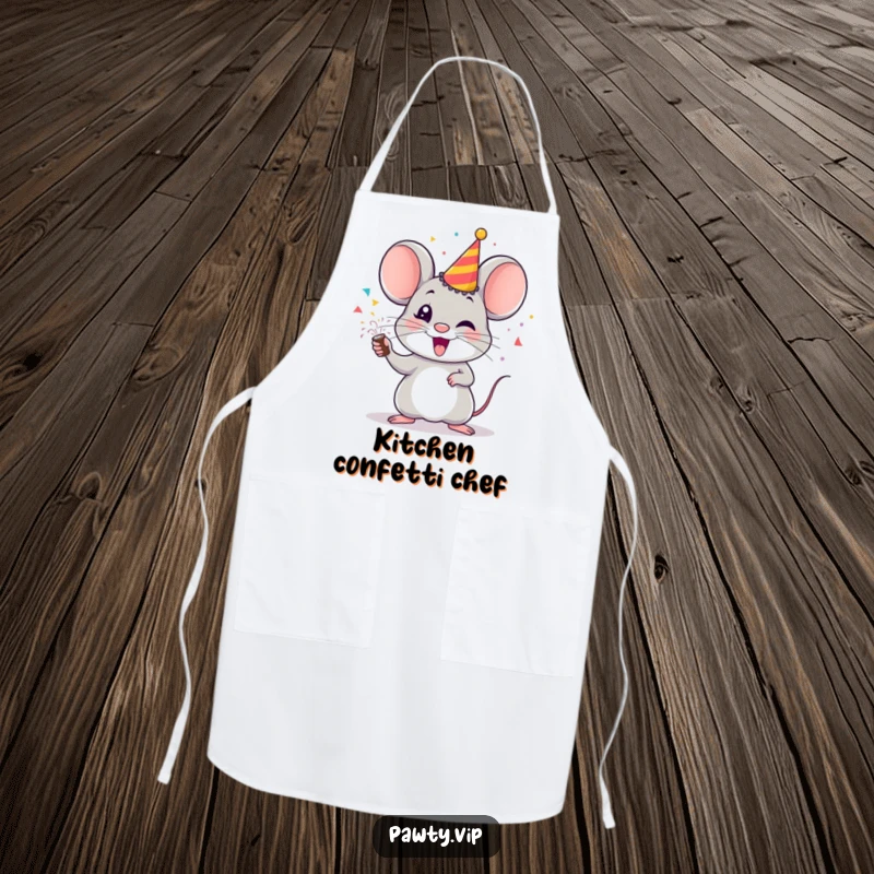 Funny mouse apron, a chef wearing a cheerful mouse design firing a party popper with confetti.