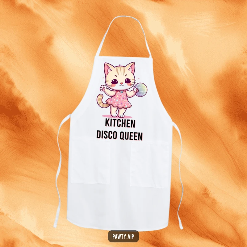 Funny cat character in a sequined dress dancing with a disco ball while cooking on an apron, adding kitchen glamour.