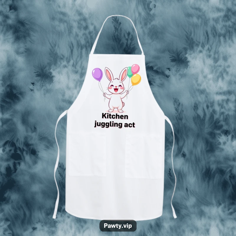 Funny Kawaii rabbit juggling colorful balloons with a wide grin on a kitchen apron, great for cooking.