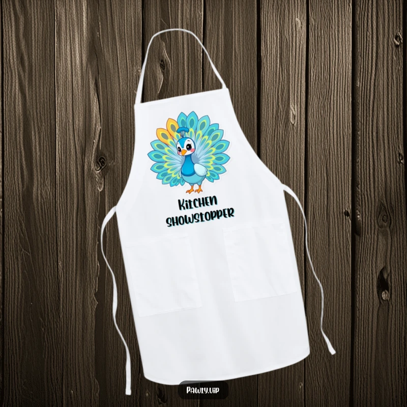 Funny peacock apron, a chef wearing a proud peacock design fanning its colorful feathers.