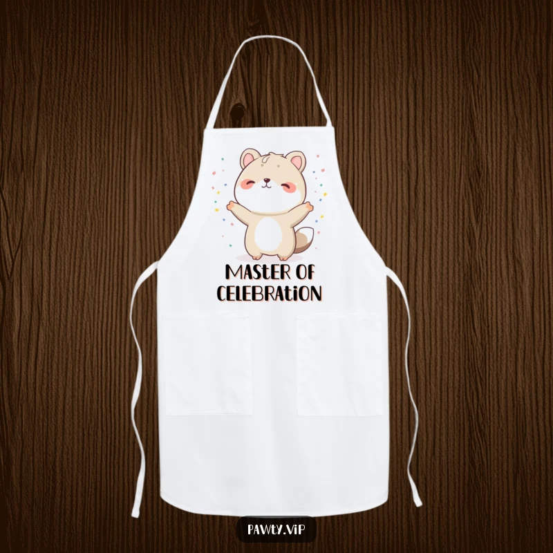 Funny animal apron, a character in a celebratory pose with confetti, perfect for adding humor to any cooking or baking session, a funny gift.