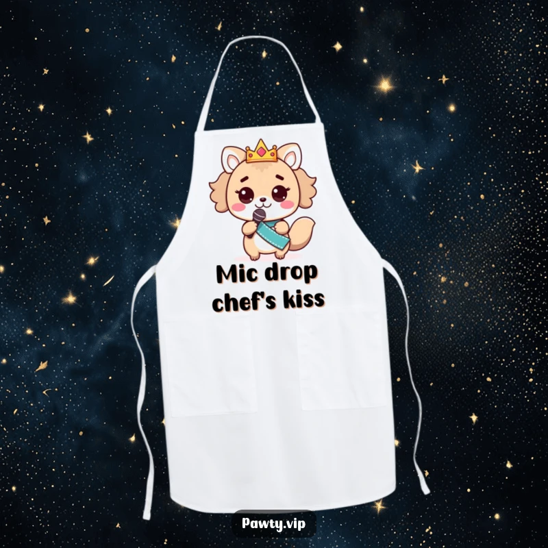Funny kawaii animal character wearing a crown and sash, holding a microphone, ready to cook on a funny apron.