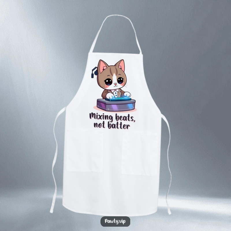 Funny Kawaii tuxedo cat character DJing on an apron, perfect for a fun and musical kitchen experience.