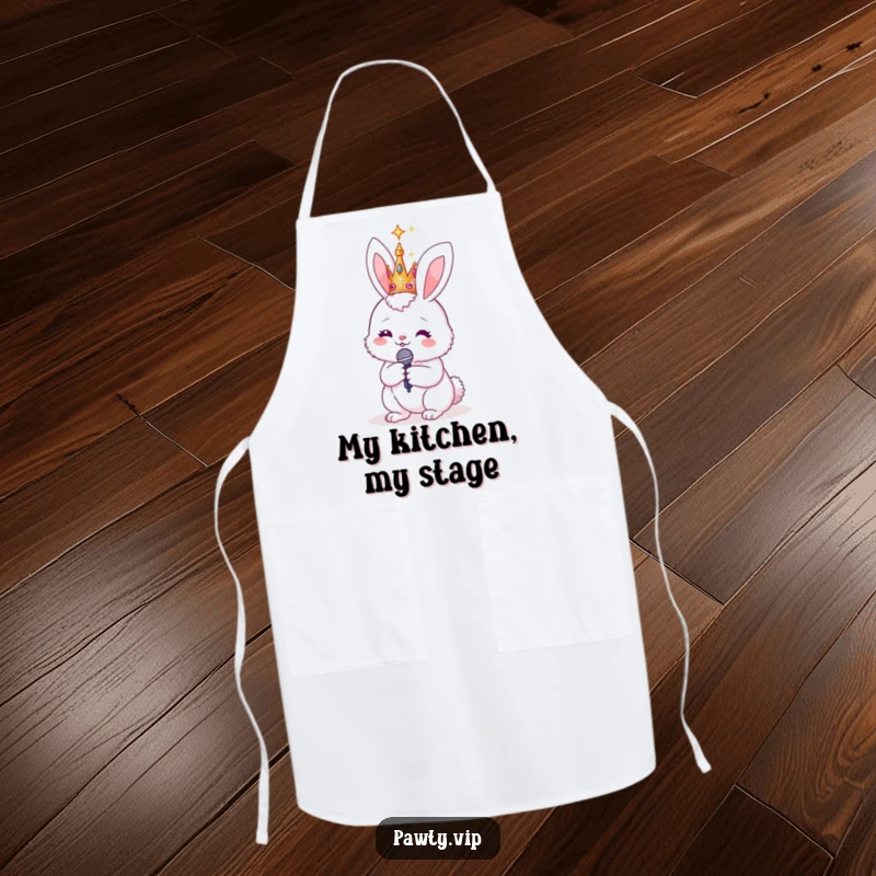 Funny bunny wearing a sparkly crown and holding a microphone, on an apron, ready to host a kitchen concert with flair and culinary talent.