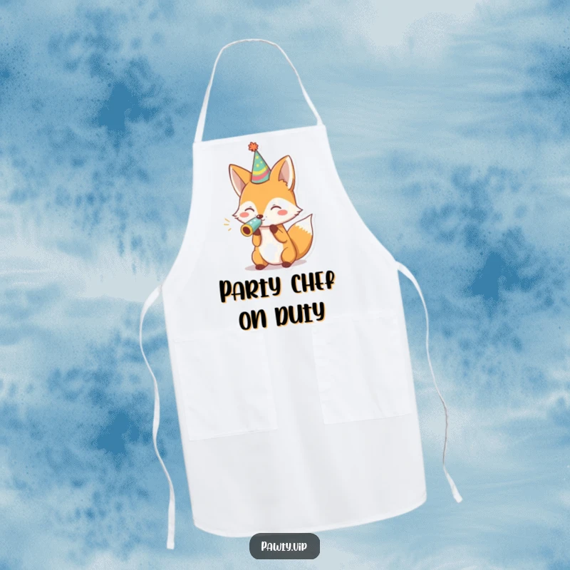 Funny fox in a party hat blowing a noisemaker, adorning an apron, making cooking a hilarious and festive activity.