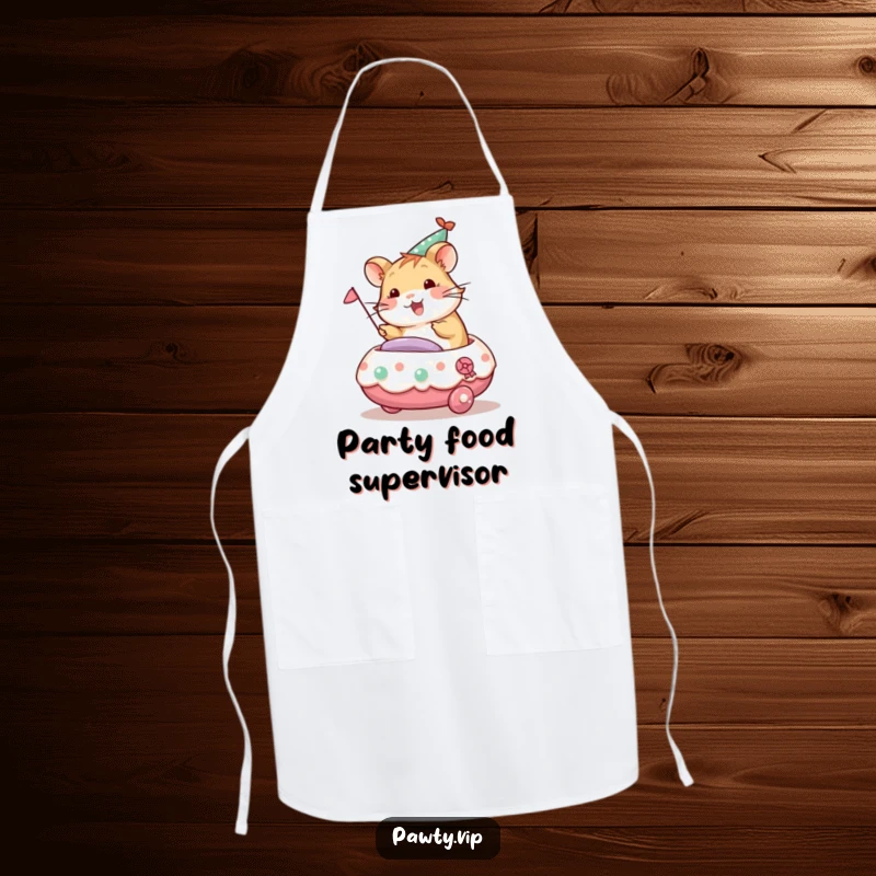 Funny hamster character riding a decorated party float, a humorous and practical apron for kitchen parties.