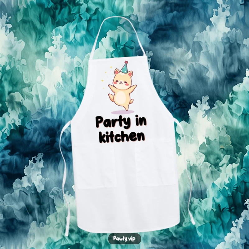 Funny animal dancing with sparkles and wearing a party hat, a humorous and festive apron.