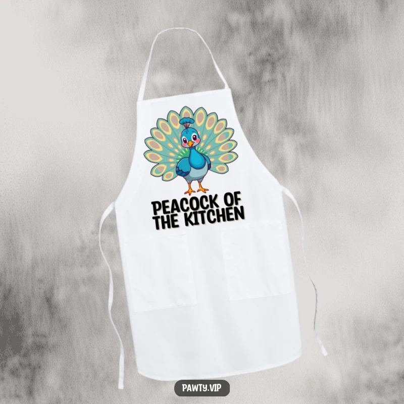 Funny peacock fanning its tail feathers, a humorous and regal apron for the kitchen.