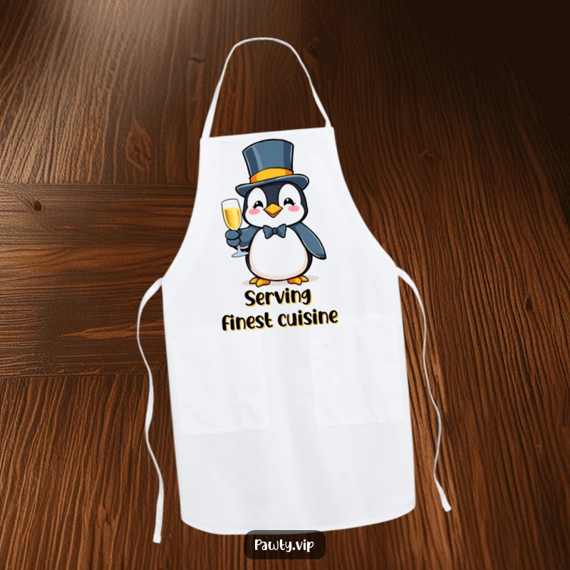 Fancy penguin wearing a top hat, holding bubbly, a humorous and practical apron for elegant kitchens.