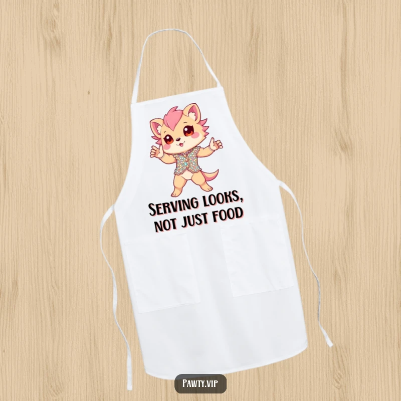Funny Apron showcasing a creature in a dazzling sequined outfit, striking a dramatic pose while cooking. Hilarious kitchen wear for any chef.