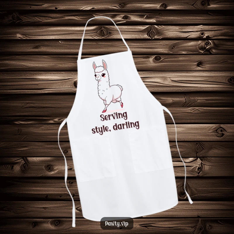 Funny apron with a chic llama wearing high heels, strutting confidently, perfect for adding high-fashion humor to cooking adventures.