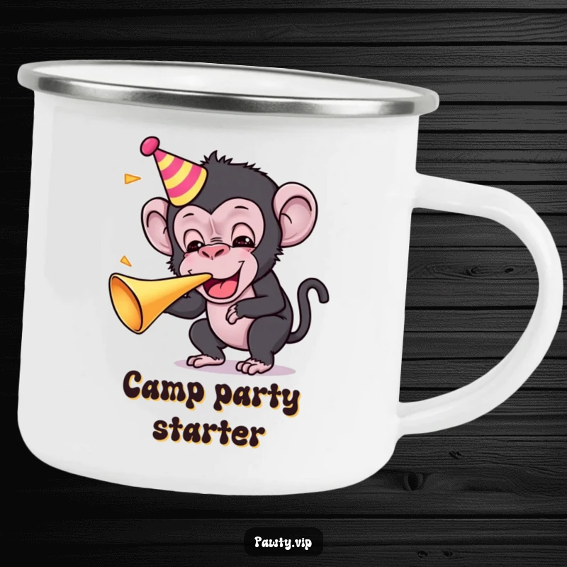 Funny Kawaii chimpanzee character blowing a party horn on a camping mug, ready for outdoor celebrations.