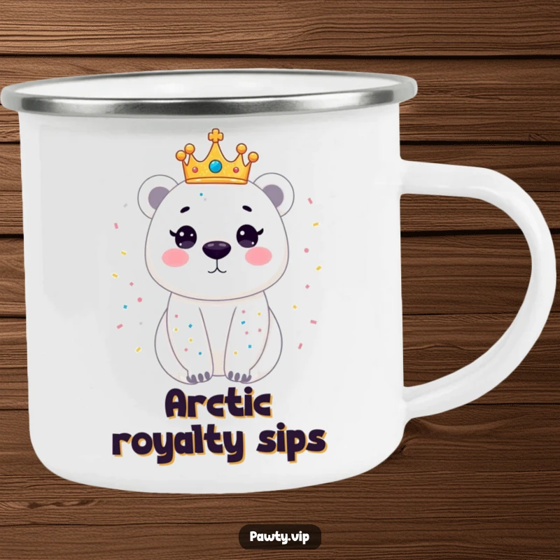 Funny camping mug featuring a dazzling polar bear wearing a tiny crown, showering in confetti, designed for ruggedness and regal outdoor enjoyment.