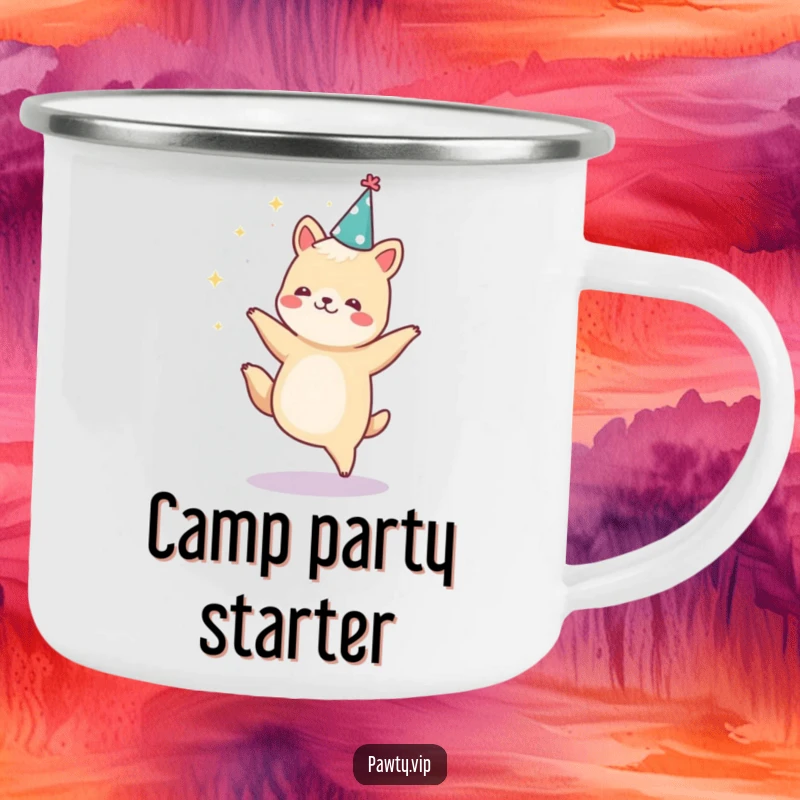 Funny animal dancing with sparkles and wearing a party hat, a durable and funny camping mug.