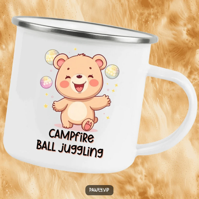 Funny kawaii bear character juggling shiny disco balls, depicted on a durable camping mug for humorous outdoor enjoyment and party vibes.
