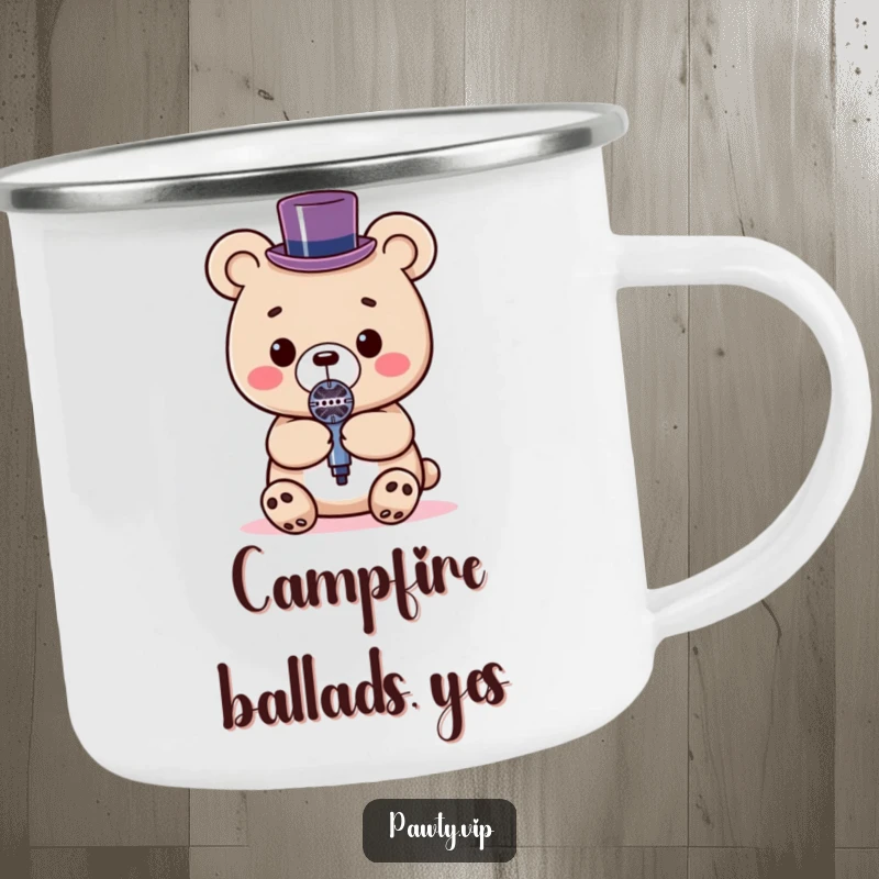 Funny Kawaii bear wearing a tiny top hat, holding a microphone on a tough camping mug, ideal for outdoor performances.