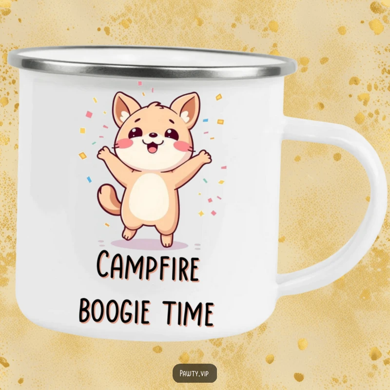 Funny kawaii animal character dancing with confetti, ready for a campfire party on a funny camping mug.