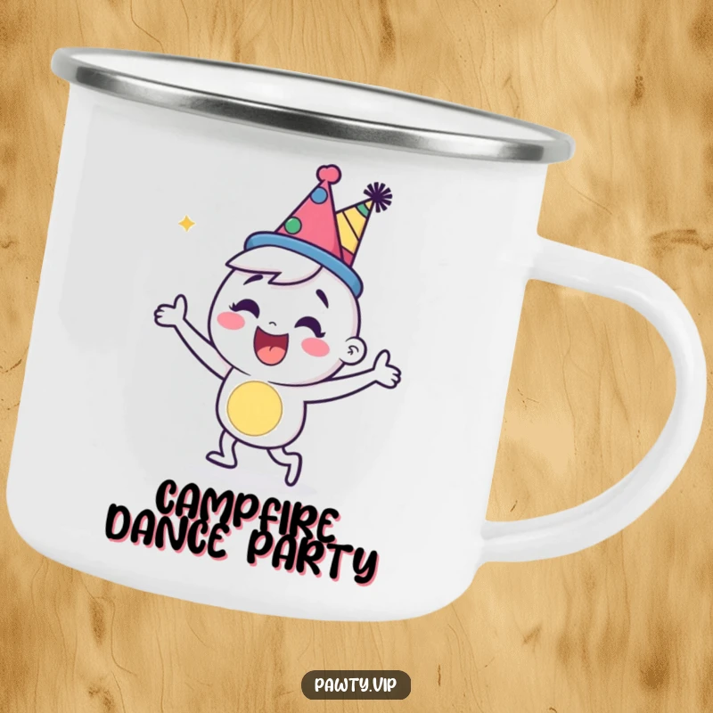 Happy cartoon character in a party hat, dancing energetically on a sturdy camping mug for outdoor fun.